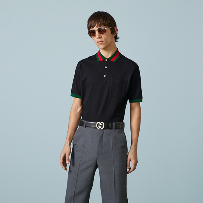 gucci web collar embroidered chest short‑sleeve polo shirt